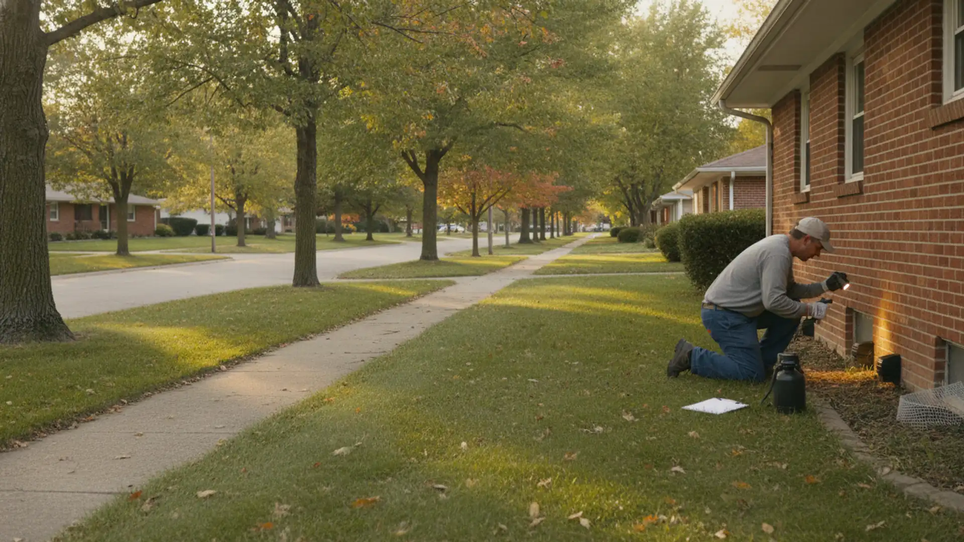 Pest control professional inspecting the foundation of a brick home on a tree-lined central Illinois street