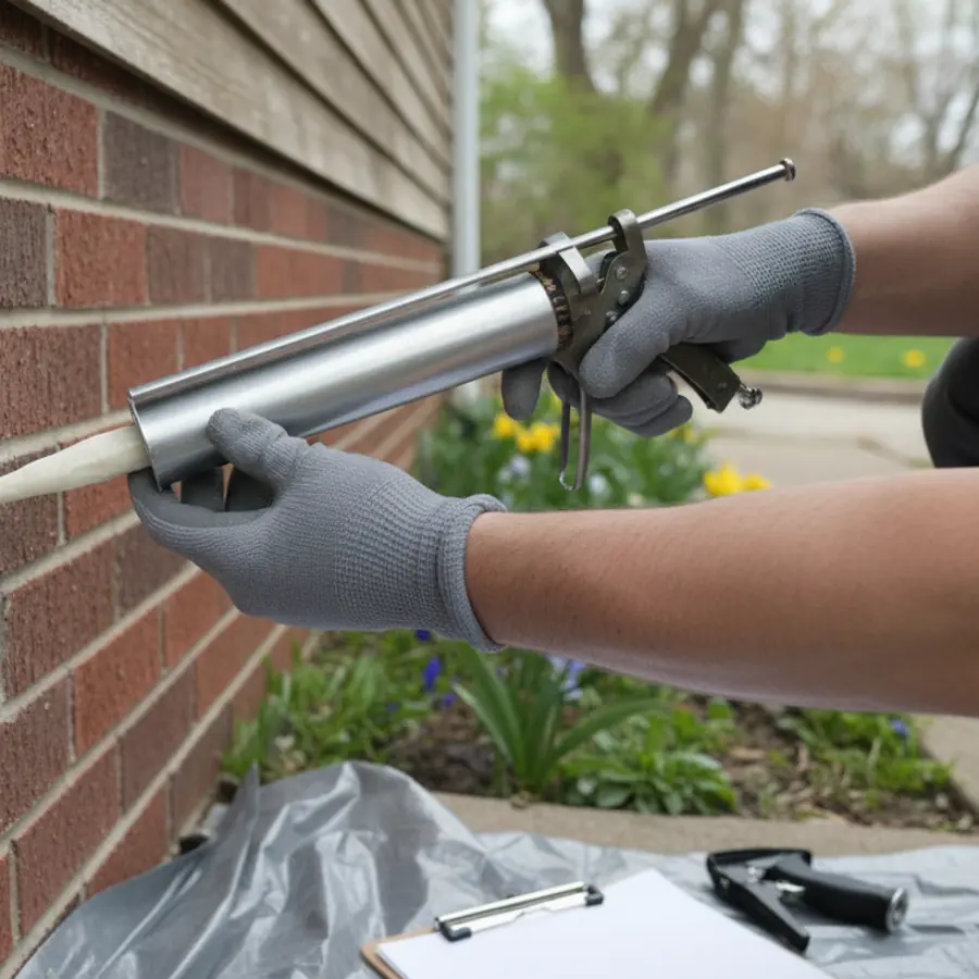 Gloved hands sealing a gap in the brick wall of an Illinois home with a caulk gun